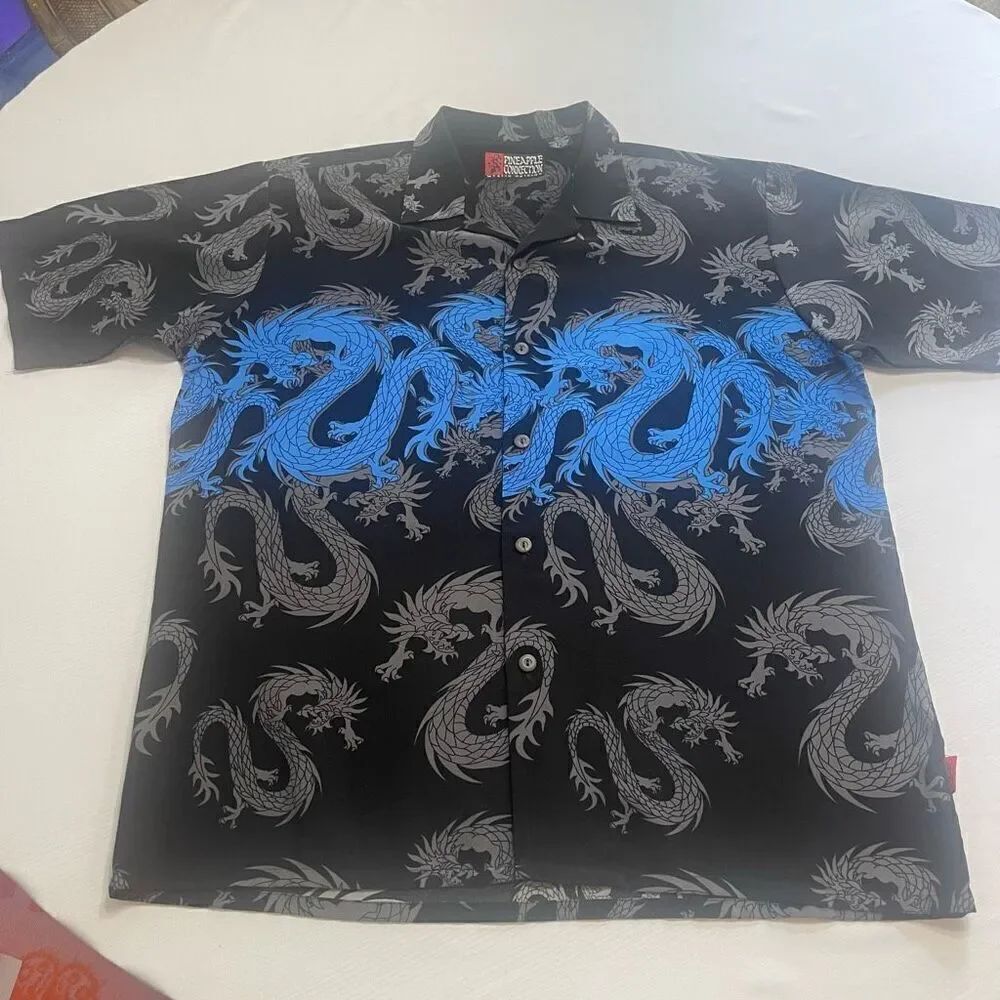 Pineapple Connection Y2K Dragon Short Sleeve Button Up Shirt Size Large